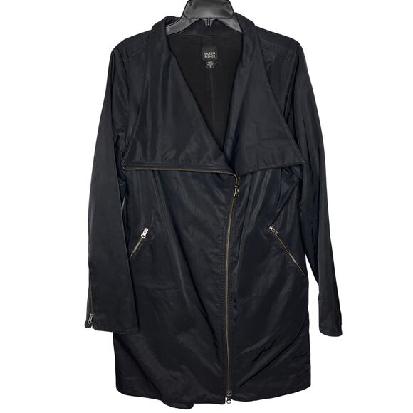 Eileen Fisher Black Full Zip Trench Rain Coat Oversize Collar Zip Pocket Medium - Picture 1 of 8